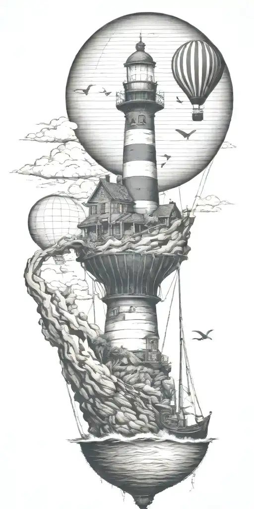 Light House Hot Air Balloon Shipwreck Surrounded By Sea