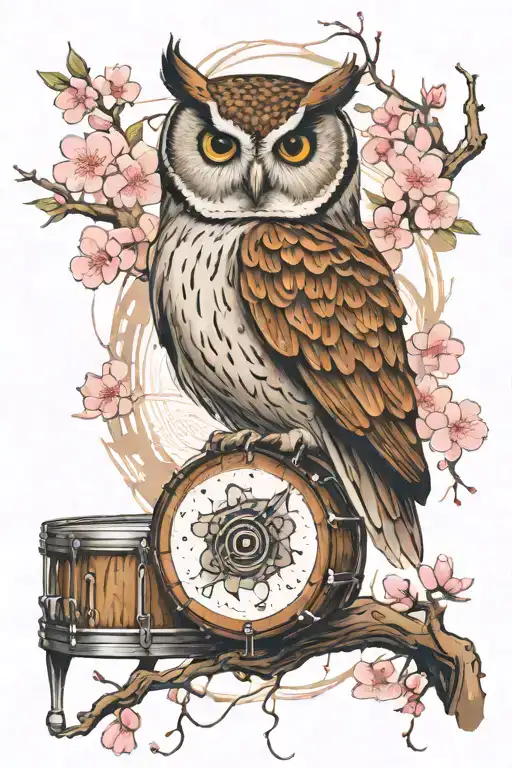 An Owl Sitting On A Wooden Snare Drum With Wooden Rims And Cherry Blossoms Coming Out Of It