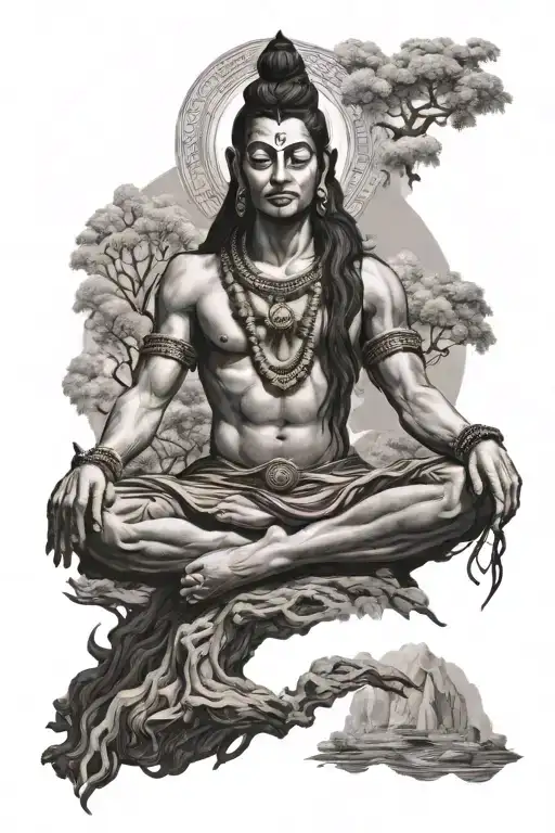 An Intricate Black And Grey Tattoo Of Lord Shiva Meditating In A Serene Landscape
