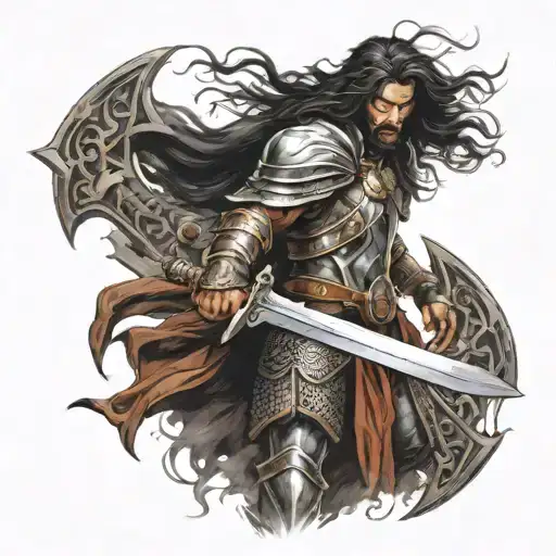 Fantastic Paladin Warrior With A Sword In Battle Axe In Hand Long Dark Hair