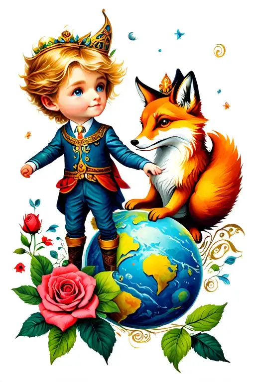 The Little Prince On His Planet With The Fox And Rose