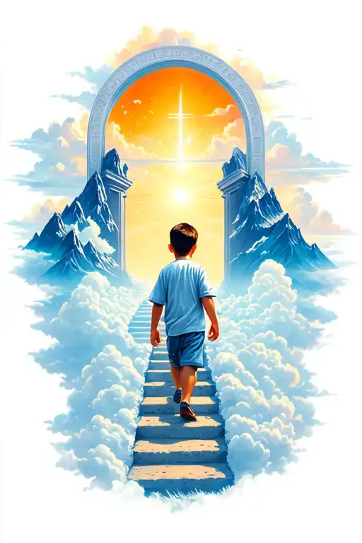Little Boy Walking Up Stairway To Heaven Gates Mountain And Clouds