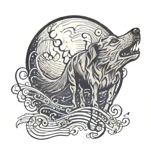 A Tattoo Design Of A Dog Howling At A Full Moon Made Of Musical Notes