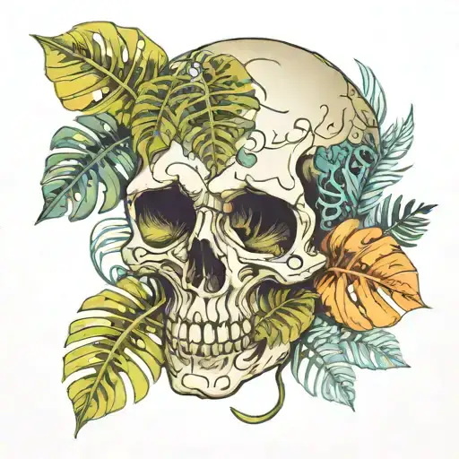 Skull With Monstera Leaf Intertwined