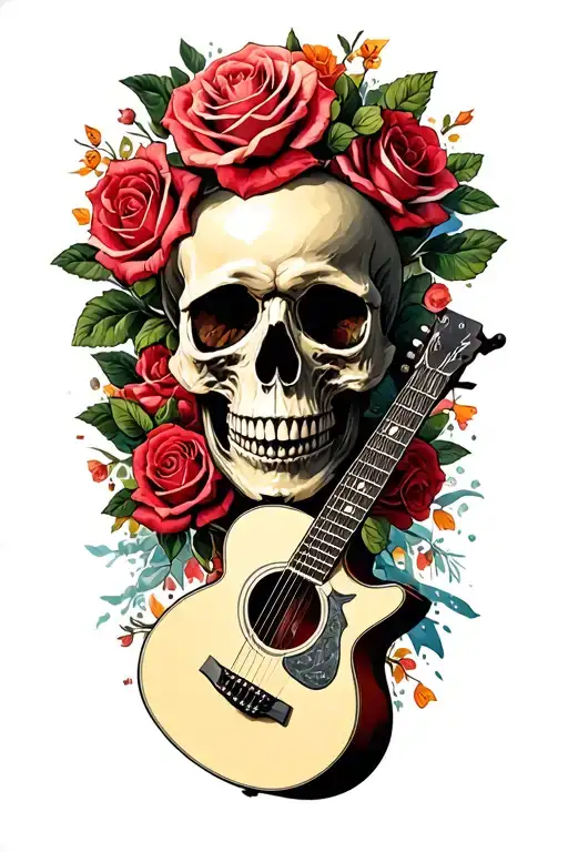 Skull Roses And Guitar Surrounded