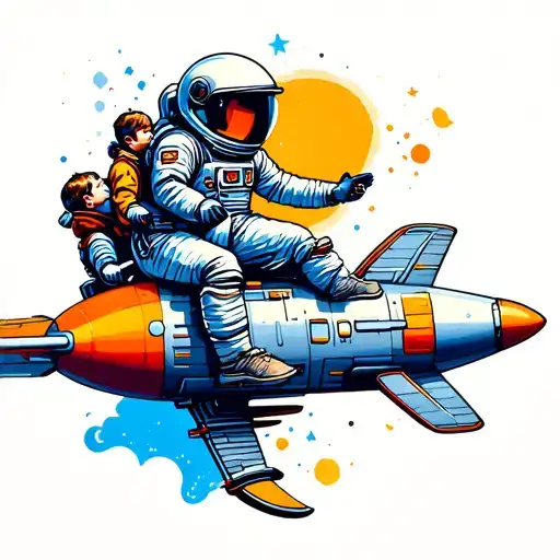 Spaceman And His Son Riding A Rocket