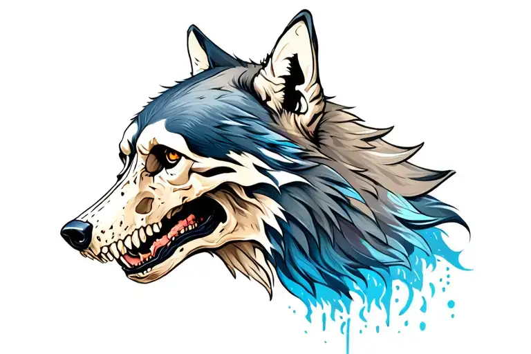 Side View Wolf Head With Skull Head In Mouth