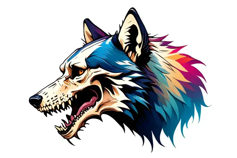 Side View Wolf Head With Full Skull Head In Snarling Mouth