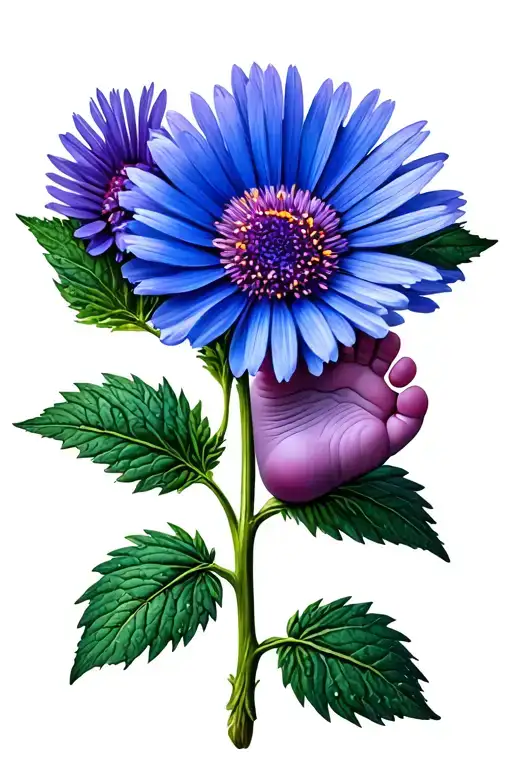 Soft Blue And Purple Aster With Green Stem And Baby Feet As Leafs That Are Black