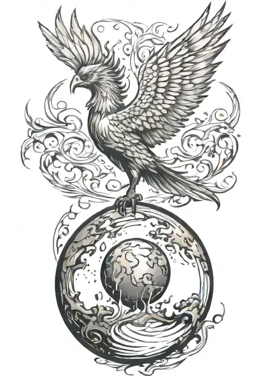 Phoenix With Wings Spread In Flames With Its Legs Resting On A Ball In The Image Of The Planet Earth