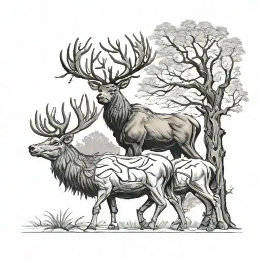 Mother Nature Kneeling By The Tree Of Life With Two Elks