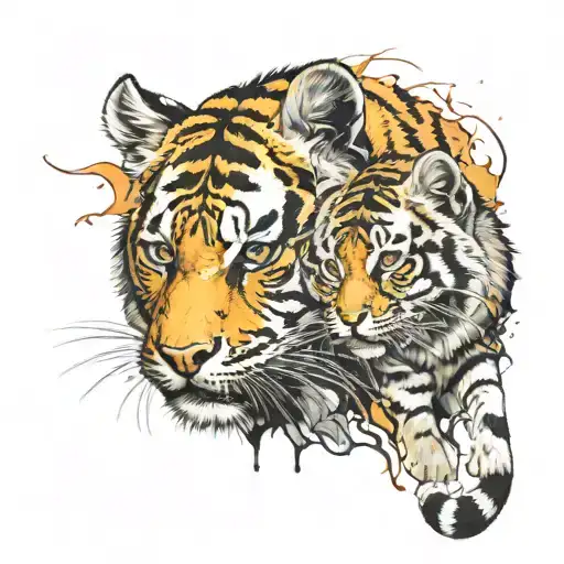 Tiger Head Split In Two With A Cute Kitten Coming Out