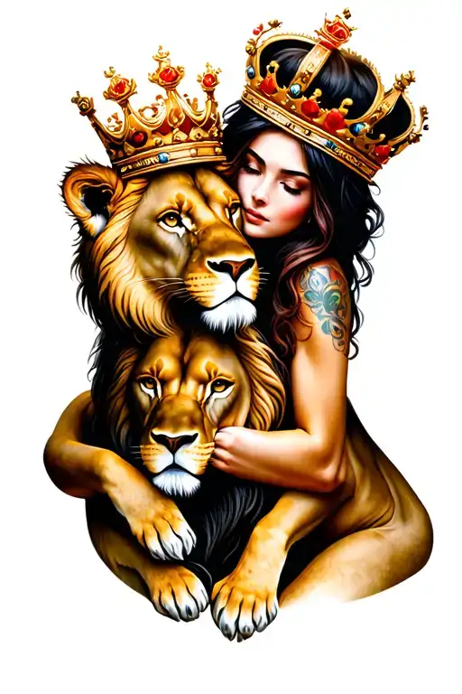 Woman Hugging A Lion Wearing A Crown