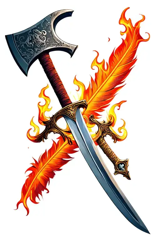 Feathers With Axe And Sword And Flames