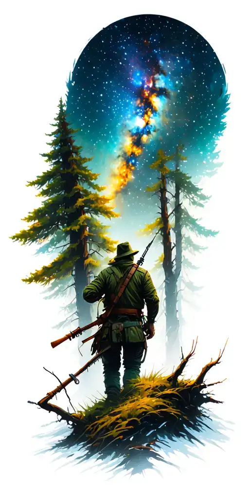 Realistic Hunter Entering The Forest With Galaxy Overhead