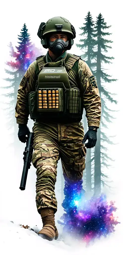 Soldier Entering Forest Dropping Bullet Proof Vest And Flight Helmet With Galaxy Sky