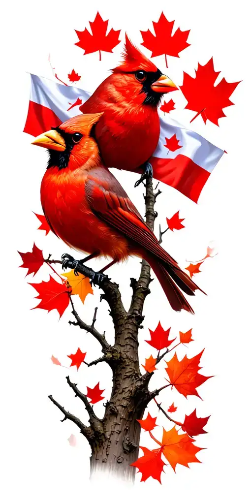 Cardinal And Maple Tree With Canadian Flag Intertwined