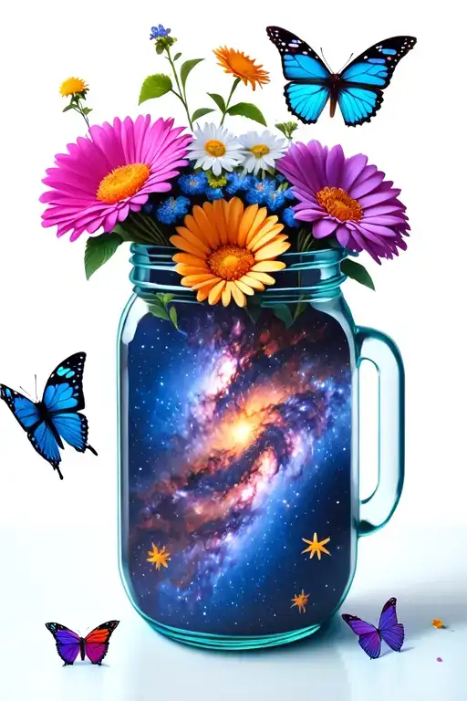 Milky Way Galaxy Inside Of A Mason Jar With Flowers And Butterflies