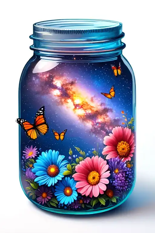 Milky Way Galaxy With Solar System Inside Of A Mason Jar With Flowers And Butterflies