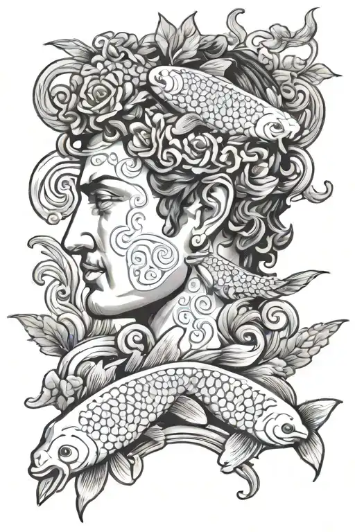 Greek Stature Head With Koi Fish Back Gruond