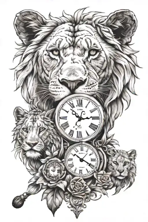 Mother Father And Baby Lion And Clock
