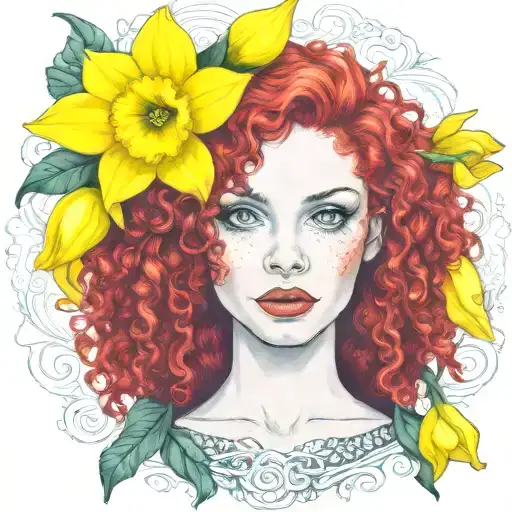 Red Curly Hair Blue Eyes Freckles 1 Yellow Daffodil Bud Nestled Green Background