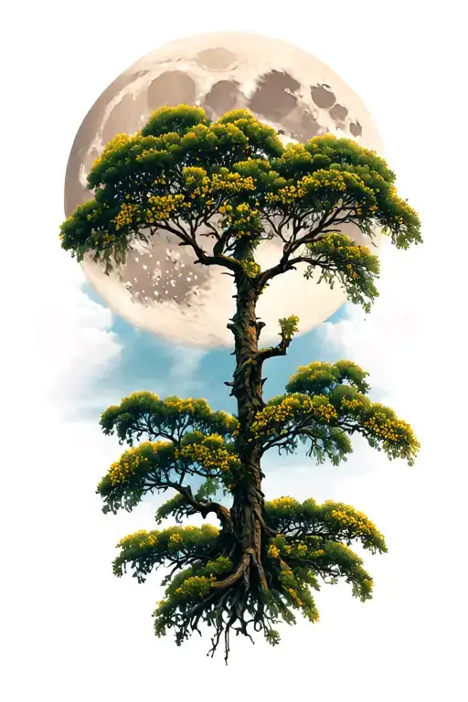 Detailed Full Moon In Background With Detailed Mimosa Tree In The Foreground