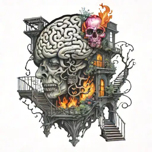 Brain With Stair Case Windows And Fire Burning The Flowers And Black Figures Trying To Escape