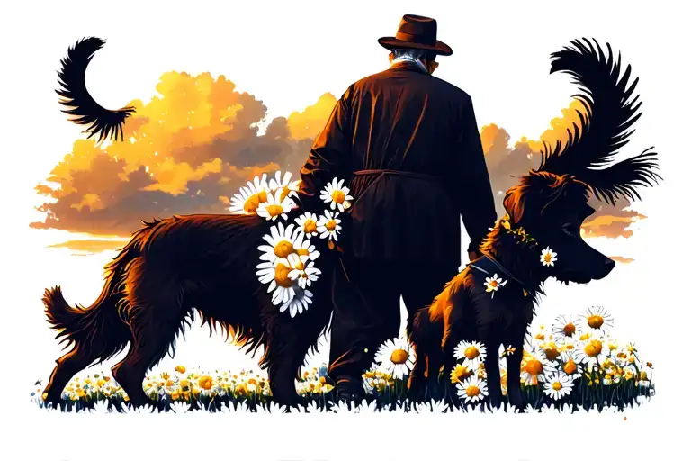 Old Man Walking With Dog In Daisy Field Durning Sunset