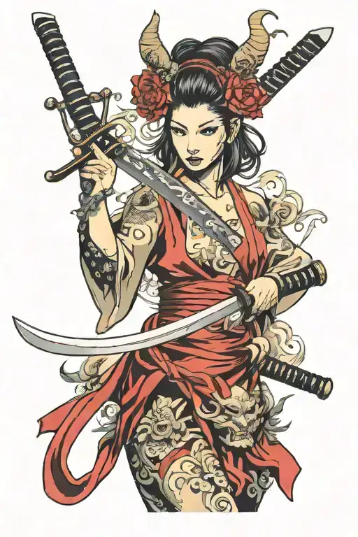 Beutiful Japanese Woman Holding A Katana Sword And Have An Oni Mask