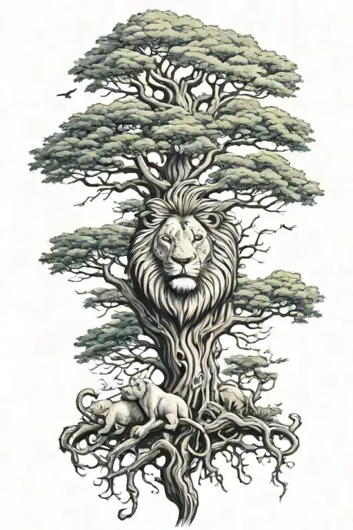 Big Tree And Small Lion Head In Treecrown