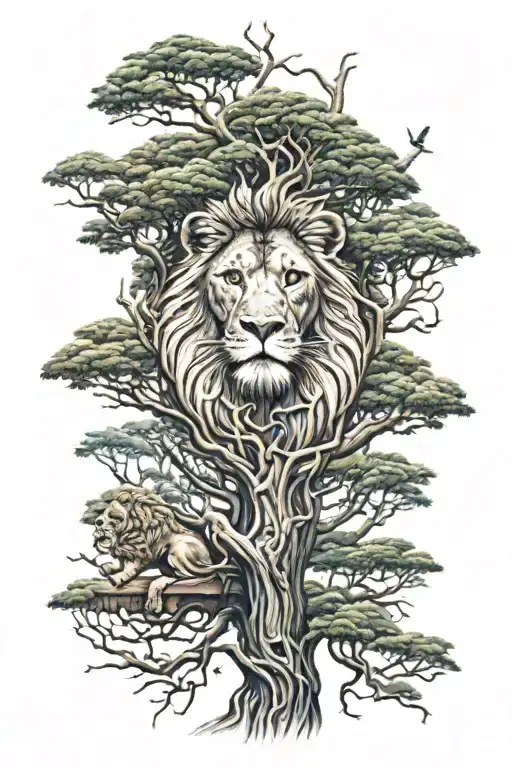 Big Tree And Small Lion Head In Treecrown