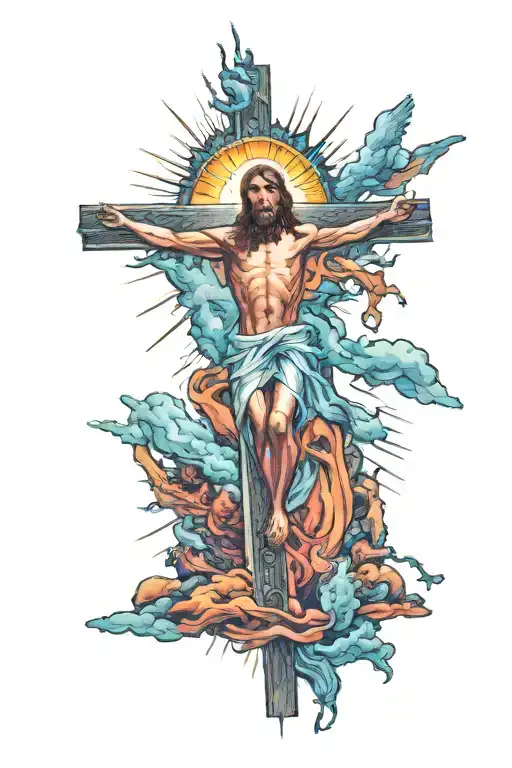 Jesus On The Cross With Light Beams Shining Down And The Holy Spirit In The Background