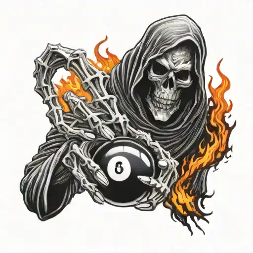 Hand Tattoo Of Grim Reaper Holding 8 Ball On Fire Flames