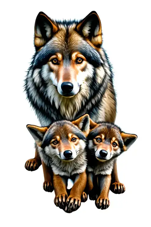 Wolf And Four Cubs