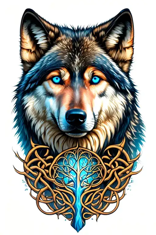 Wolf With Blue Eyes Featuring Celtic Tree Of Life