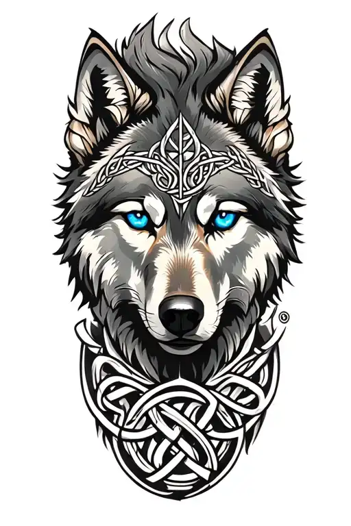 Wolf With Blue Eyes On Armor Tattoo Design Featuring Celtic Trinity Knot