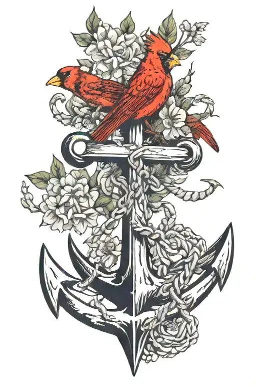 December Birth Flower Flowing Out Of An Anchor With Cardinals Sitting On A Branch