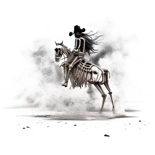 A Skeletal Cowboy Riding A Ghostly Horse Through A Desolate Western Landscape