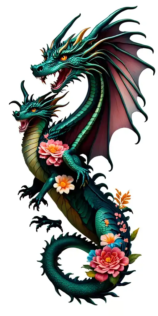 Dragon With Wings And Flowers Intertwined