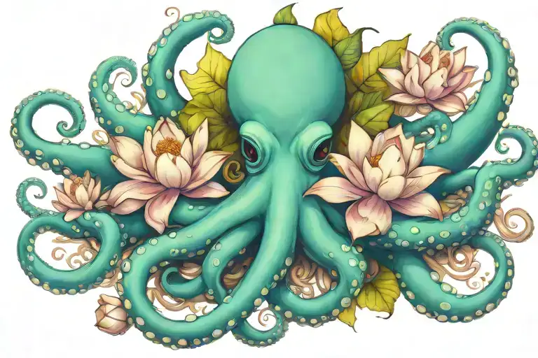 Octopus And Lotus Flowers Intertwined