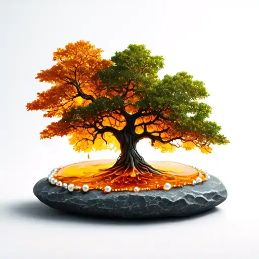 Elm Tree With Amber Colored Sap Coming Out On A Stone With Pearls Around It