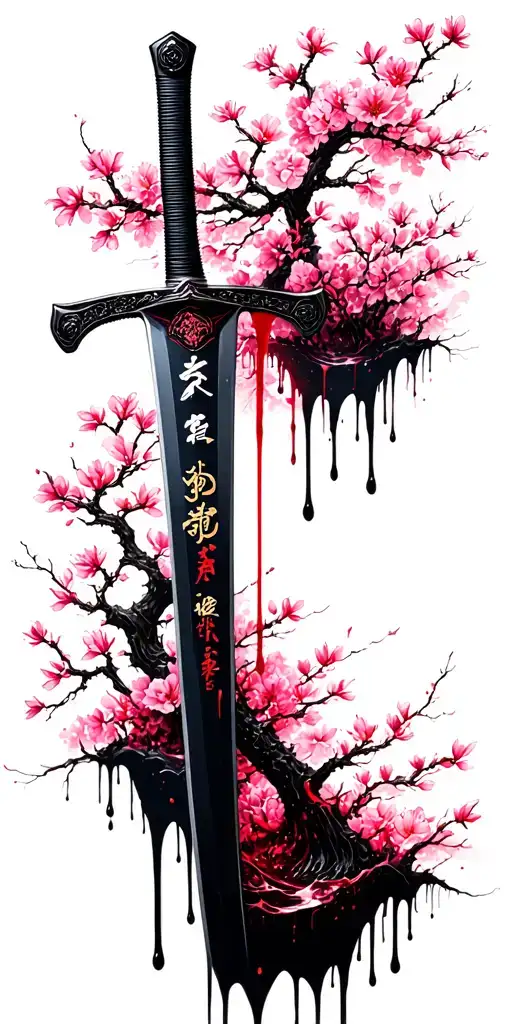 Katana Dripping Blood With A Cherry Blossom Tree Growing Around It