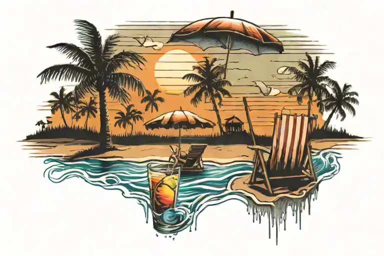 Sunset Beach Scene With Umbrella Drink Leaning