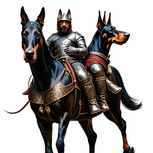 Medieval Knight Riding A Horse Next A Strong Doberman