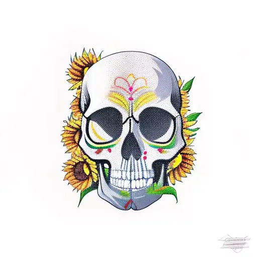 A Skull Surrounded By Sunflowers And Roses