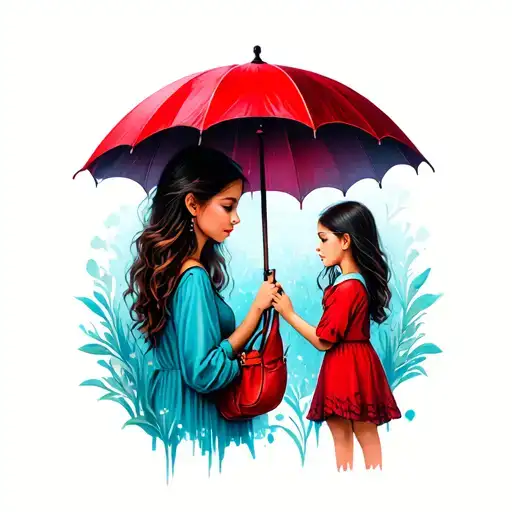Small Tattoo With Mother And Teenage Daughter With A Red Umbrella