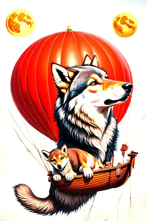 Female Wolf And Cub In A Red Hot Air Balloon Floating In The Sky Howling At The Sun And Moon