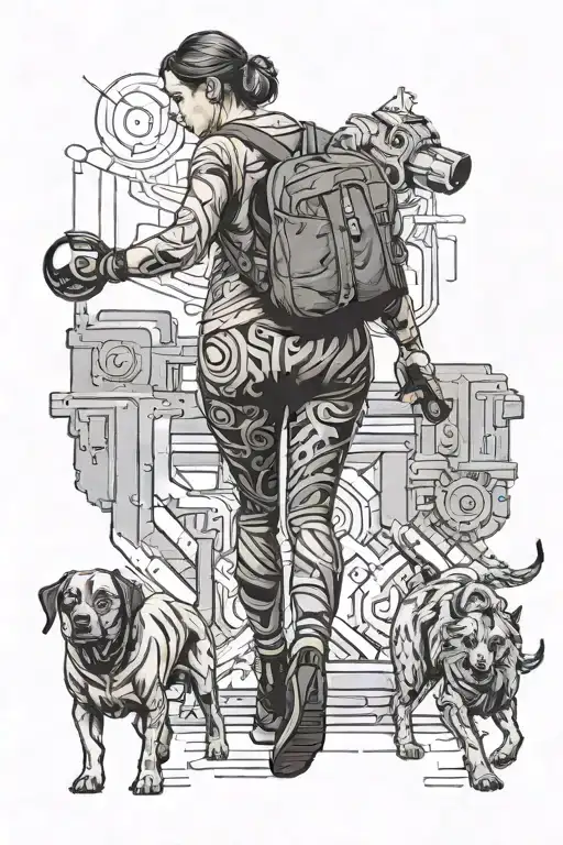 A Fit Woman In Tights Carrying Dumbells Walking Away And A Small And Big Dog Following Her