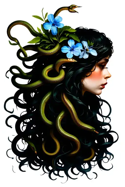 Medusa With Snakes For Hair And A Forget Me Not Buquet In Her Hair